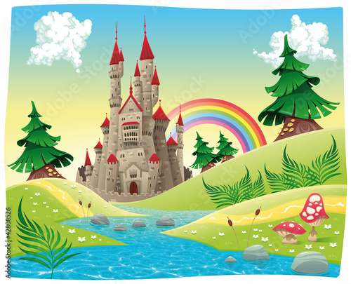 Naklejka na drzwi Panorama with castle. Cartoon and vector illustration.