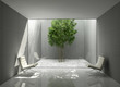 White minimal design home , green lounge area atrium