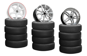 Wall Mural - Car alloy wheels on tires, isolated on white background 