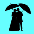 Wedding couple, groom and bride in blue background silhouette