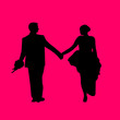 Wedding couple, groom and bride in pink background silhouette
