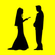 Wedding couple, groom and bride in yellow background silhouette