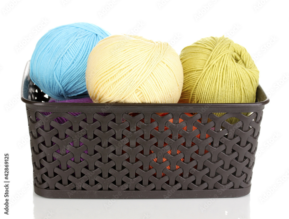 Knitting yarn in plastic basket isolated on white