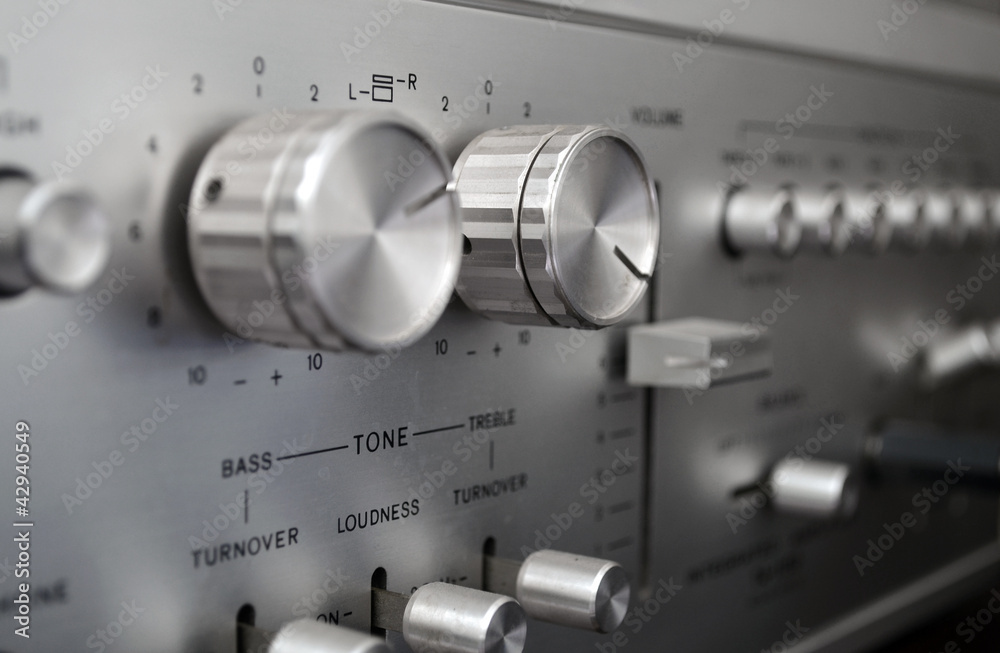 Vintage amplifier close up, old audio system - obrazy, fototapety, plakaty 