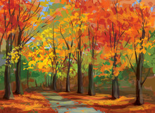 Vector Of Autumn Landscape, Pathway In Park.