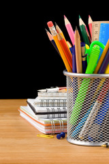 Sticker - back to school concept and office supplies on black