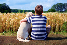 Junge Mit Labrador Retriever Vor Getreidefeld