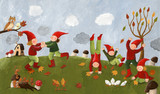 Fototapeta  - Acrylic illustration of the cute kids - dwarfs dancing in the fa