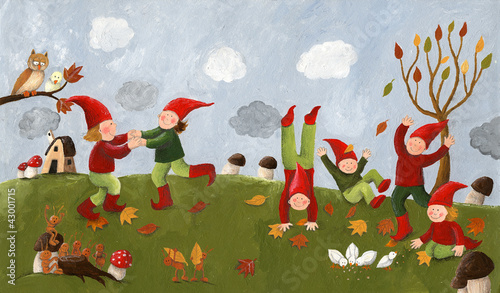 Fototapeta na wymiar Acrylic illustration of the cute kids - dwarfs dancing in the fa