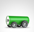 Green battery with car wheels