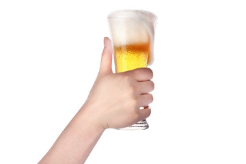 Poster - hand holding glass of beer isolated.making toast