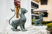 Two Metal Security Dogs In Buddhistic Temple Of Thailand, Bangko