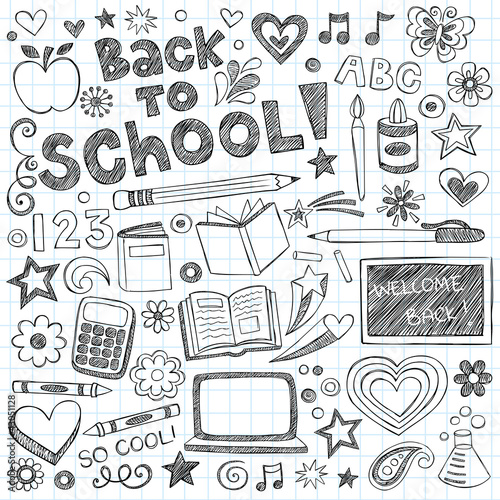 Fotografía Back to School Supplies Sketchy Notebook Doodles Vector Set
