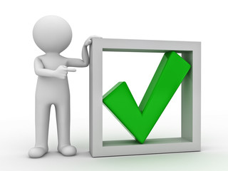 3d man pointing finger at green check mark in box