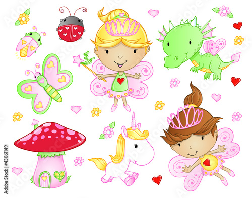 Fototapeta dla dzieci Cute Fairy Princess Flowers Bug and Animal Vector Set