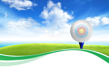 Wall Mural - Golf ball on tee off with green grass field over the blue sky ba