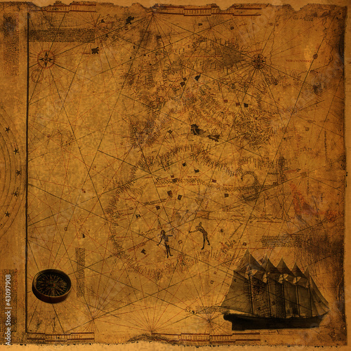 Obraz w ramie Vintage Map With Compass and Ship