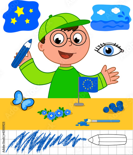 Bambino Con Oggetti Blu Illustrazione Educativa Sui Colori Buy This Stock Vector And Explore Similar Vectors At Adobe Stock Adobe Stock