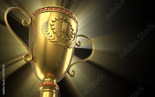 Naklejka dekoracyjna Golden glowing trophy cup on black background