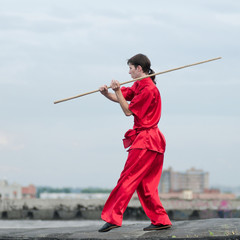 Wall Mural - Wushoo man in red practice martial art