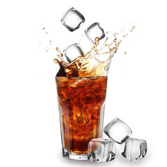 Aufkleber - Cola glass with falling ice cubes over white