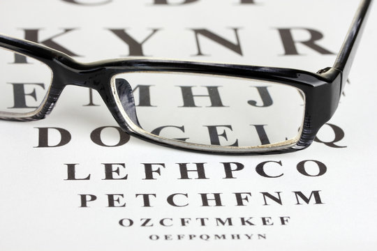 Eyesight test chart with glasses close-up