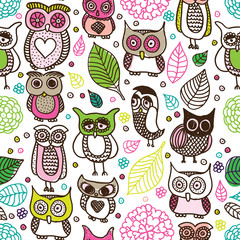 Fototapete - Seamless kids owl doodle pattern background in vector