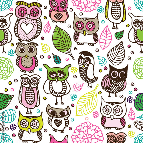 Obraz w ramie Seamless kids owl doodle pattern background in vector