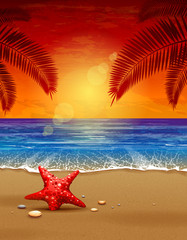 Sea sunset vector illustration. Paradise beach.