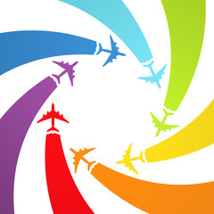 Wall Mural - Background with rainbow airplanes. Vector illustration.