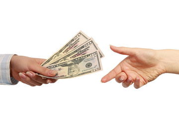 Hand giving money, isolated on white background