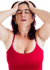 Wall Mural - Very stressed hispanic woman with a headache isolated on white