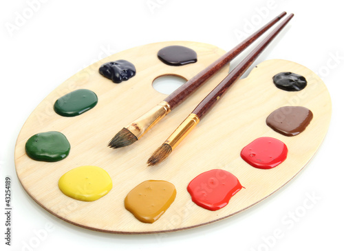 Fotografie, Obraz wooden art palette with paint and brushes.isolated on white