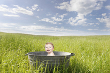 Baby In An Old Vintage Bathrub, Outdoors