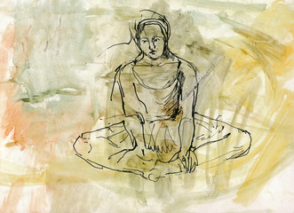 Wall Mural - meditation (black ink and water colors)
