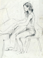 Canvas Print - girl with piano, pencil technique