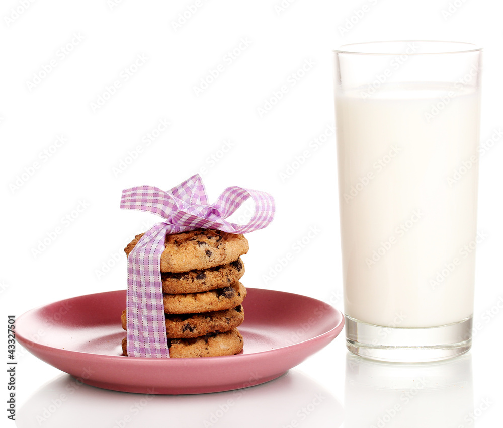 Glass of milk and cookies isolated on white