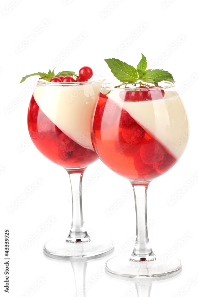 fruit jelly with chocolate and berries in glasses isolated