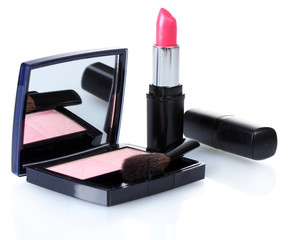 Poster - make-up blusher and pink lipstik isolated on white