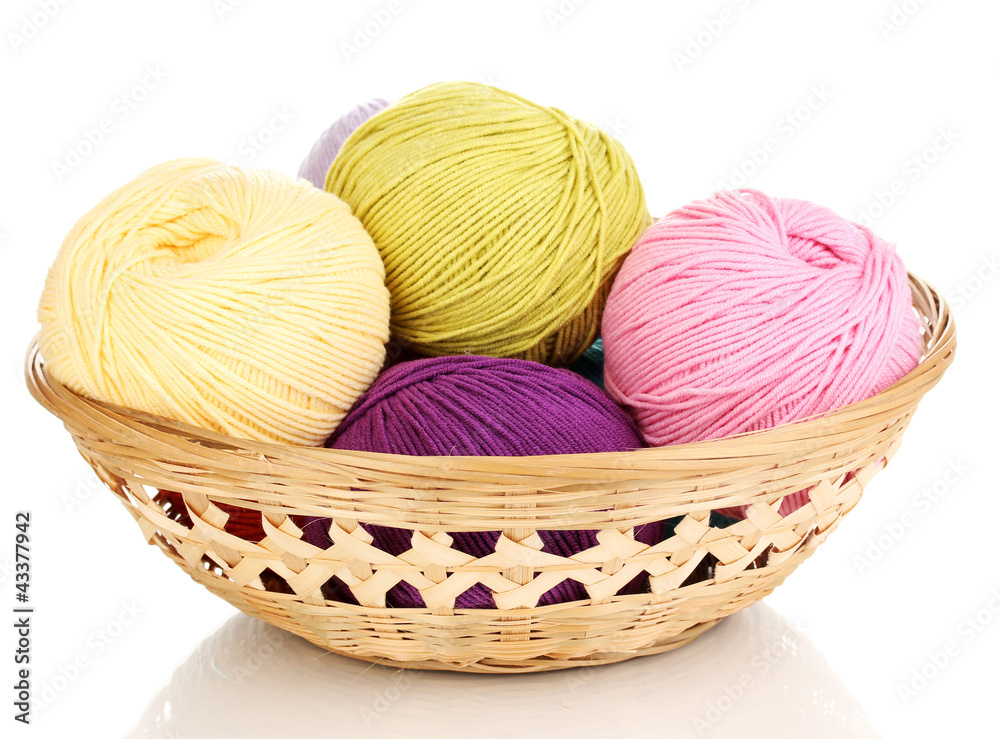 Knitting yarn in basket isolated on white