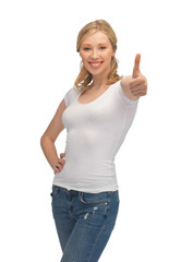 Poster - woman in blank white t-shirt with thumbs up