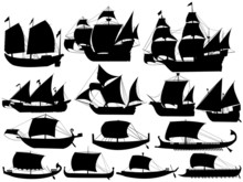 Set Of Silhouettes Of Ancient Sail Boats