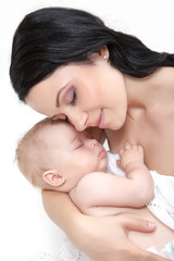 picture of happy mother with baby over white