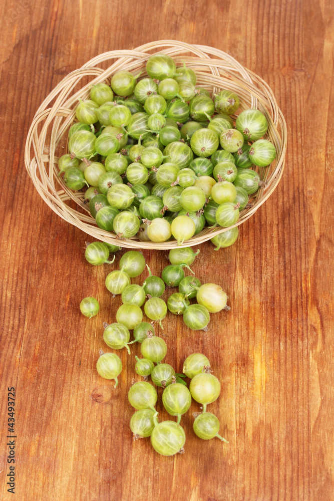 Green gooseberry in basket on wooden background