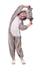 Baby Dressed In A Elephant Costume On White Background