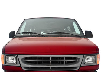 Front side of a red american van on white background