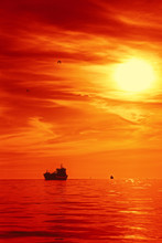 Ship In The Beautiful Sunset On The Sea.