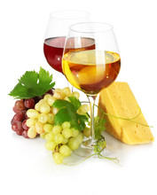 Glasses Of Wine, Cheese And Ripe Grapes Isolated On White