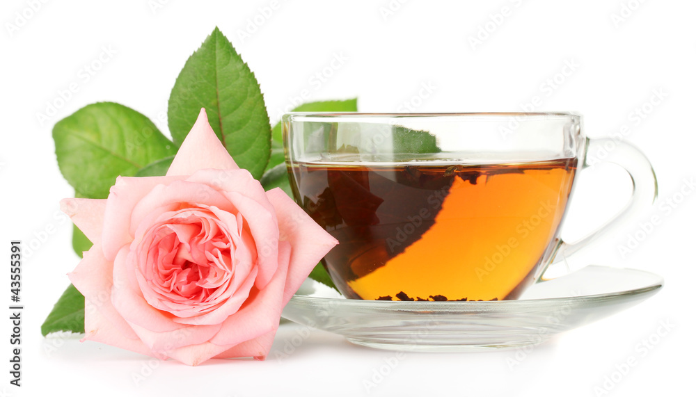 cup of tea with rose isolated on white