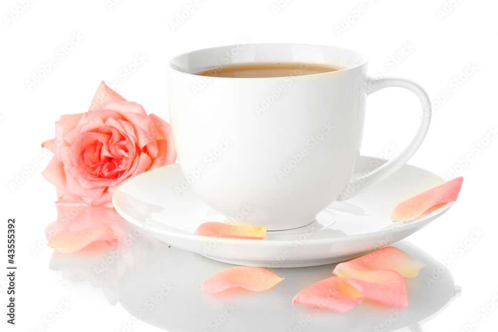 cup of tea with rose isolated on white